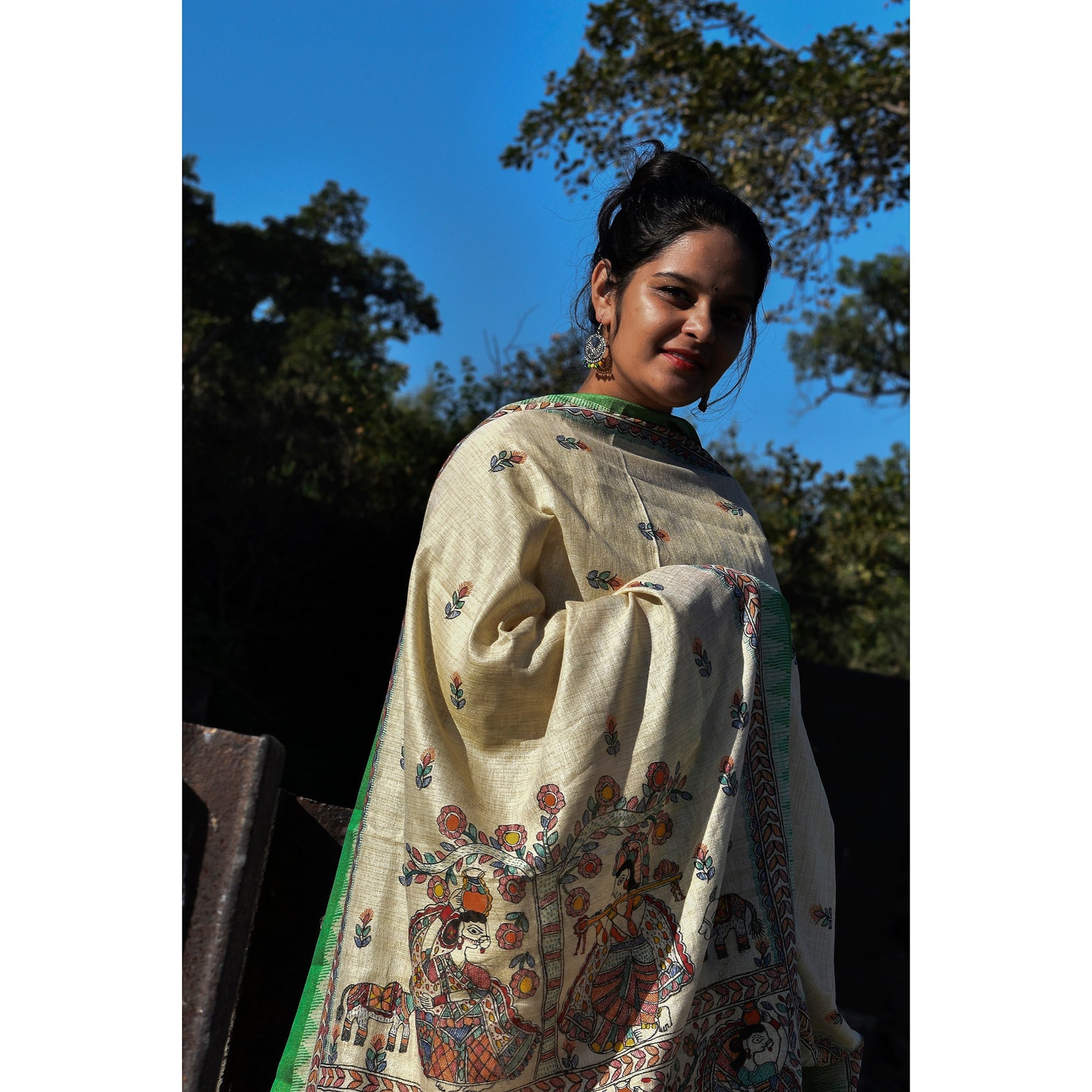 Beige - Madhubani Hand-Painted Cotton Dupatta