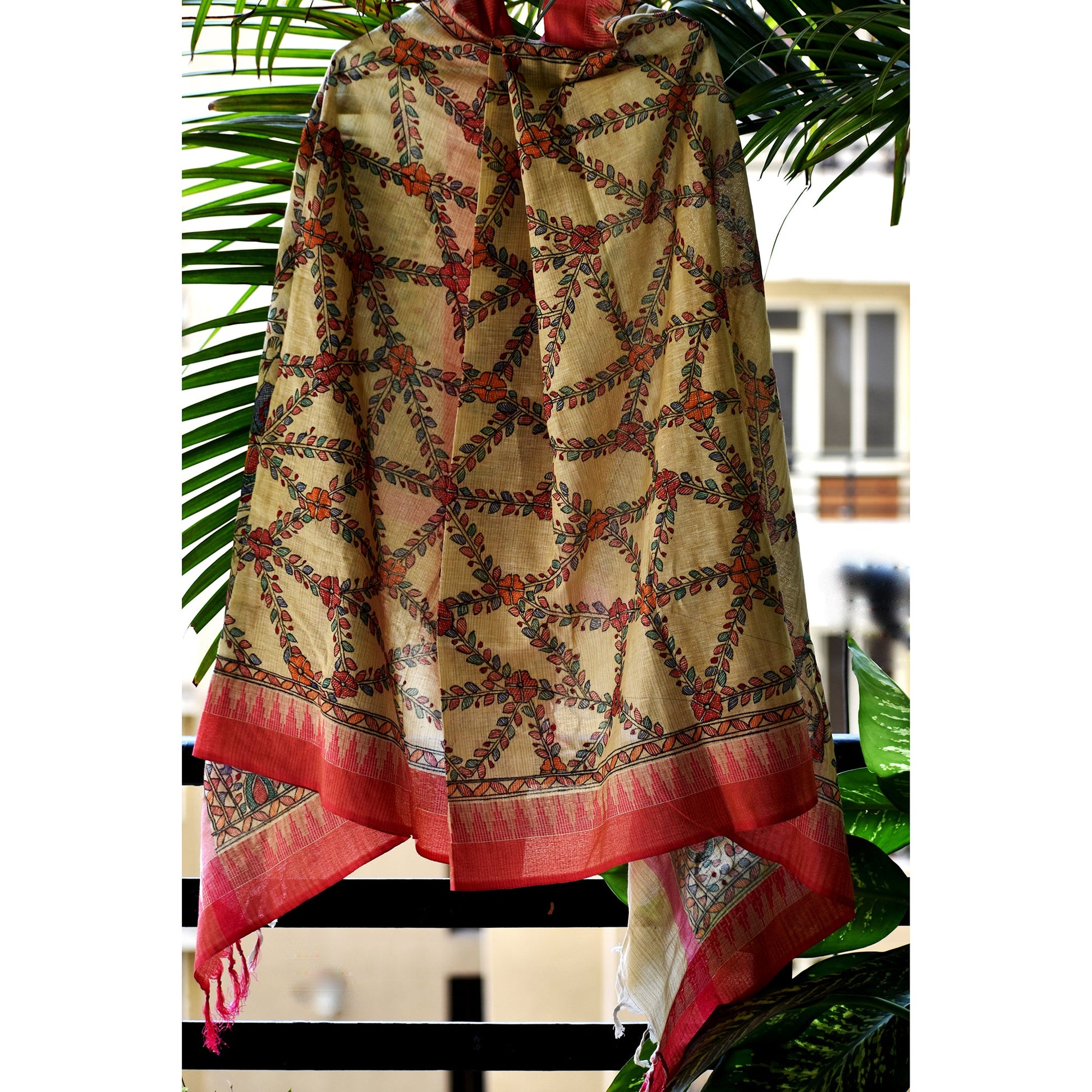 Beige - Madhubani Hand-Painted Cotton Dupatta