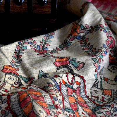 Beige - Madhubani Hand-Painted Cotton Dupatta
