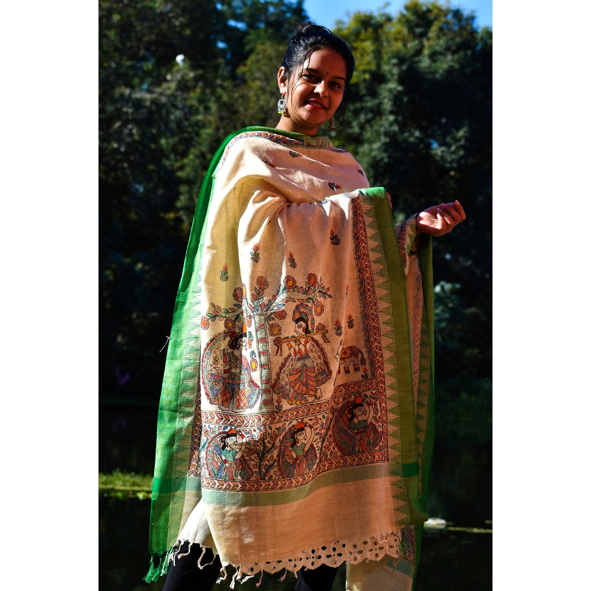 Beige - Madhubani Hand-Painted Cotton Dupatta