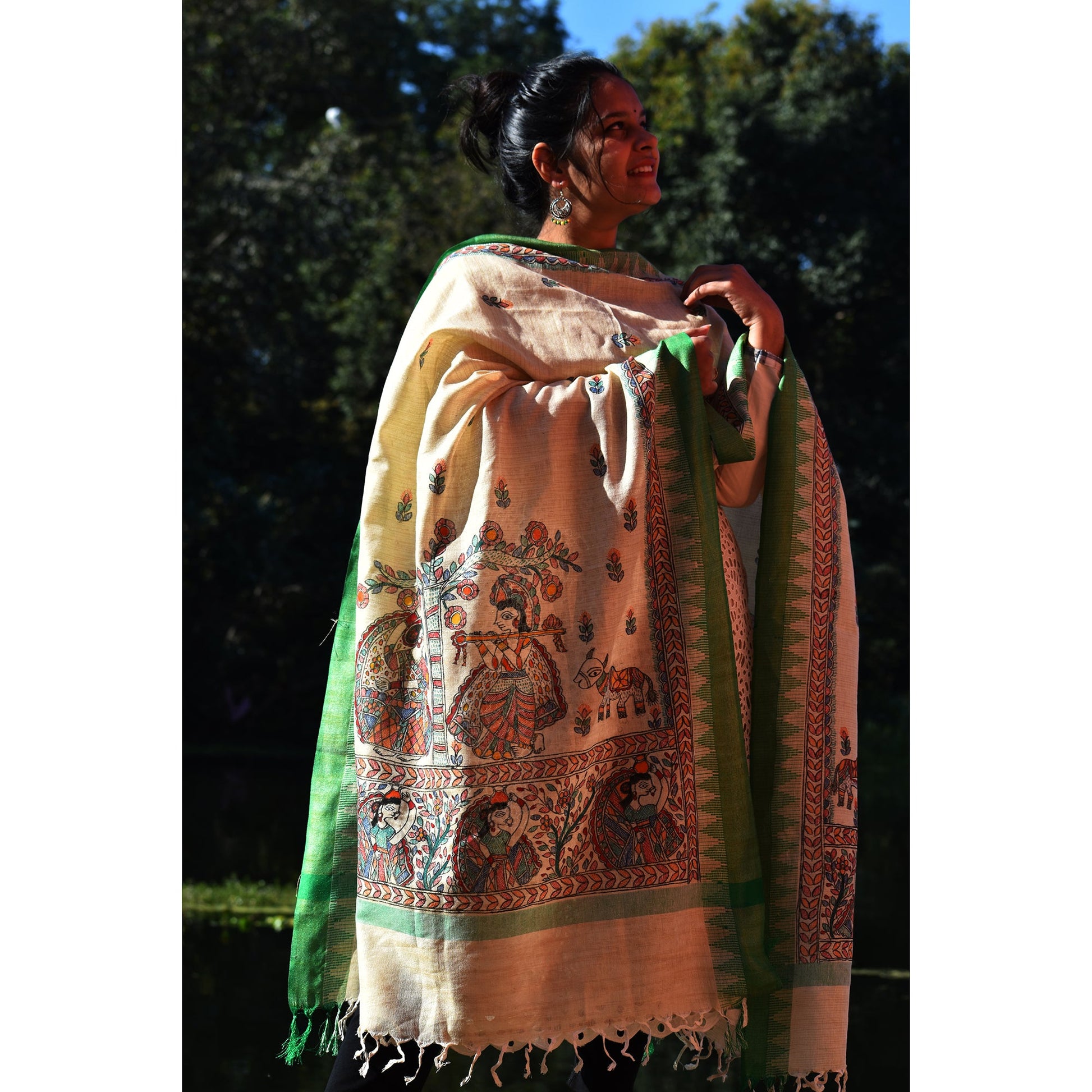 Beige - Madhubani Hand-Painted Cotton Dupatta