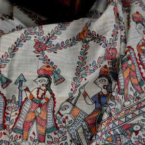 Beige - Madhubani Hand-Painted Cotton Dupatta