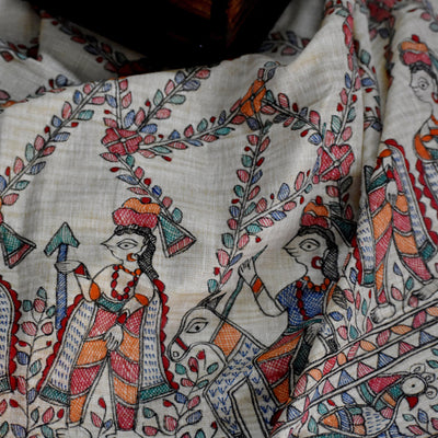 Beige - Madhubani Hand-Painted Cotton Dupatta