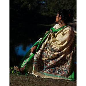 Beige - Madhubani Hand-Painted Cotton Dupatta