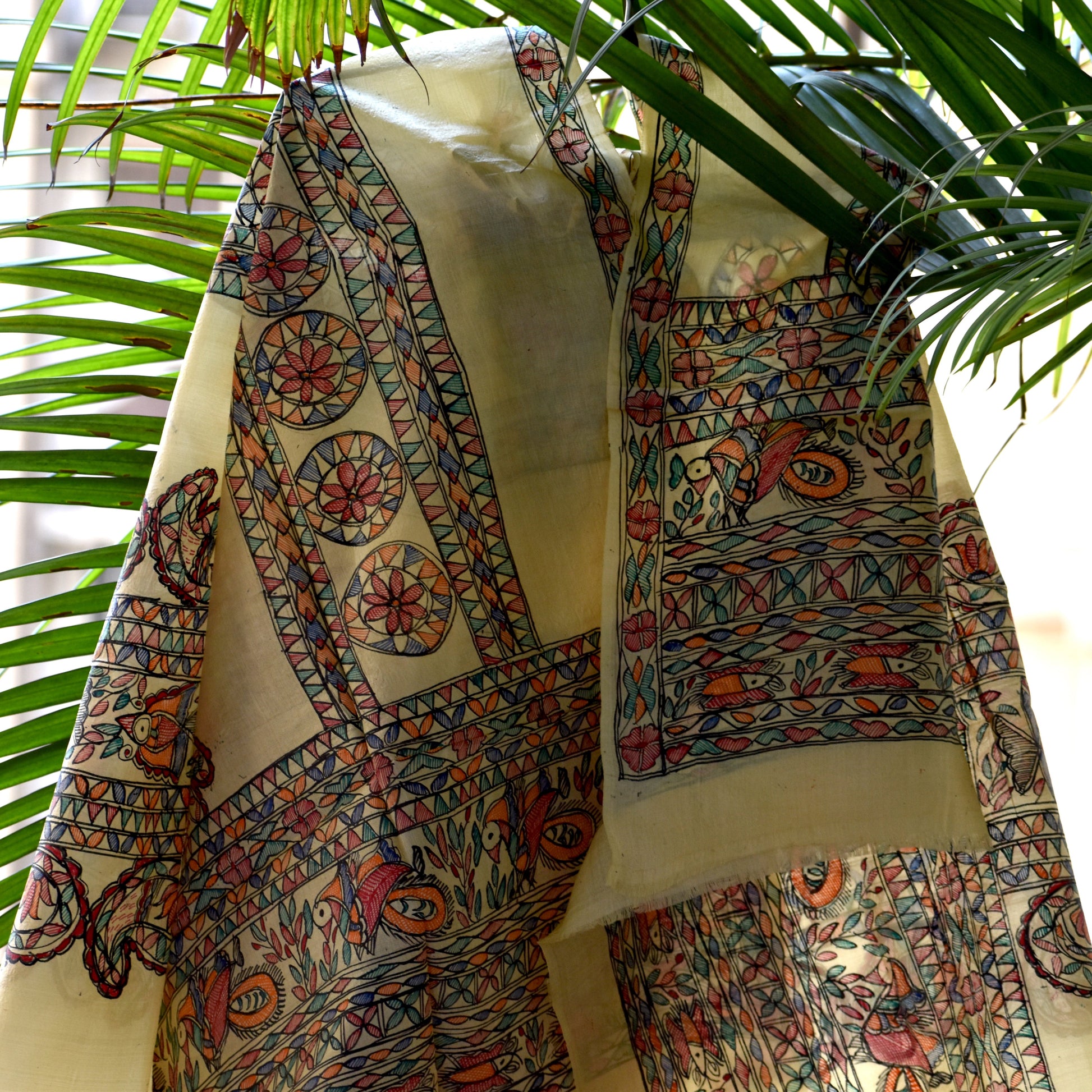 Beige - Madhubani Hand-Painted Silk Dupatta