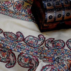 Beige - Madhubani Hand-Painted Silk Dupatta