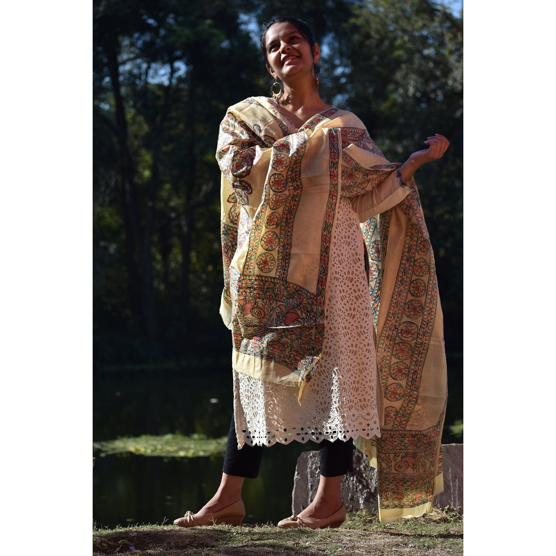 Beige - Madhubani Hand-Painted Silk Dupatta