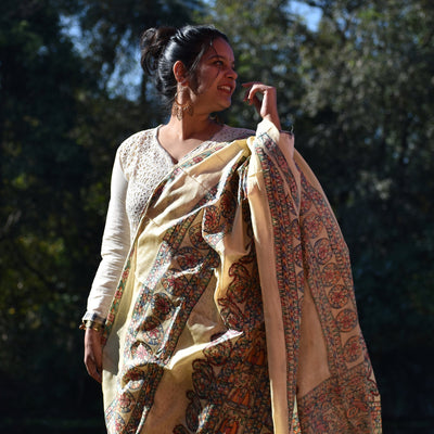 Beige - Madhubani Hand-Painted Silk Dupatta