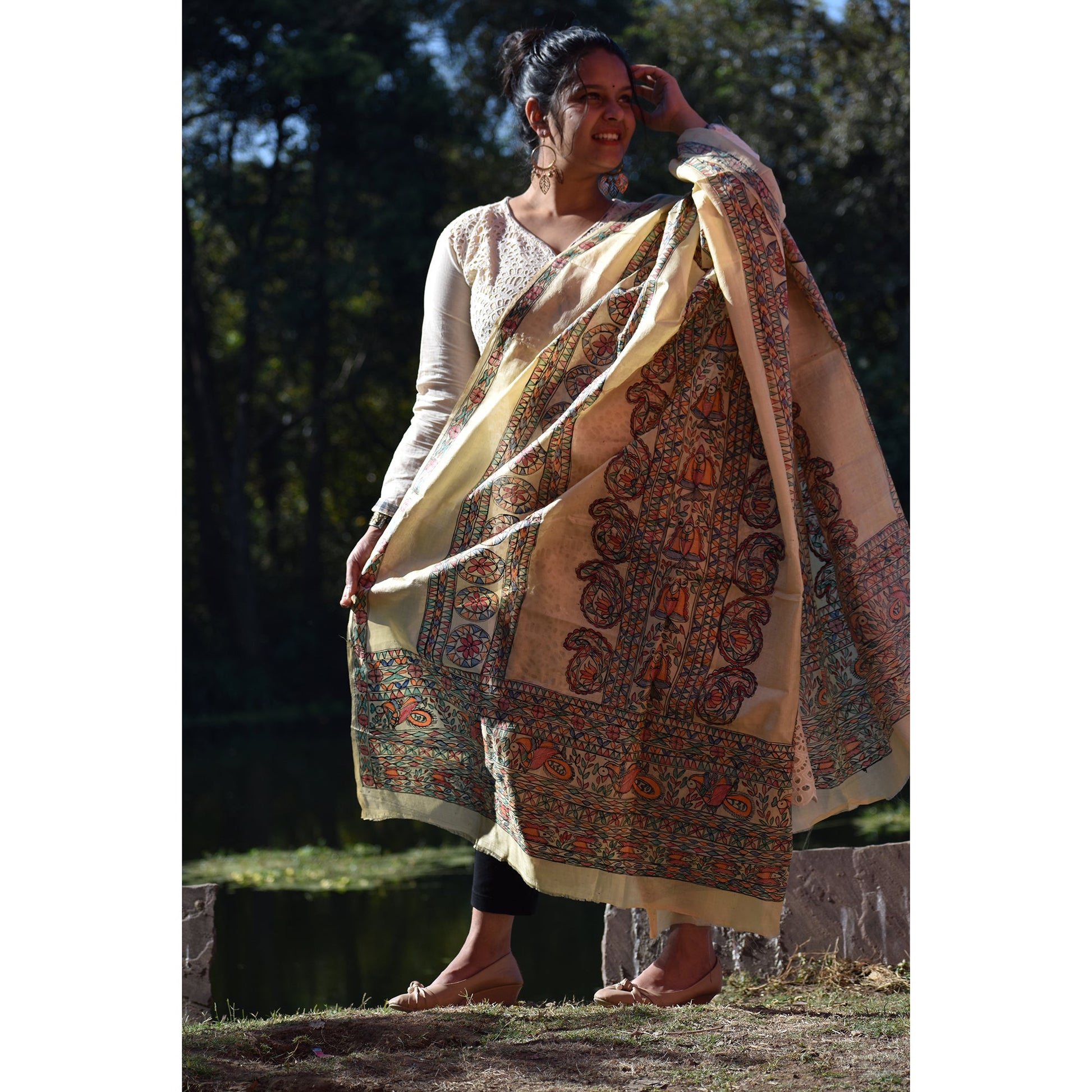 Beige - Madhubani Hand-Painted Silk Dupatta