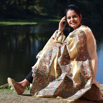 Beige - Madhubani Hand-Painted Silk Dupatta