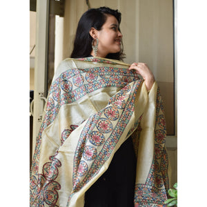 Beige - Madhubani Hand-Painted Silk Dupatta