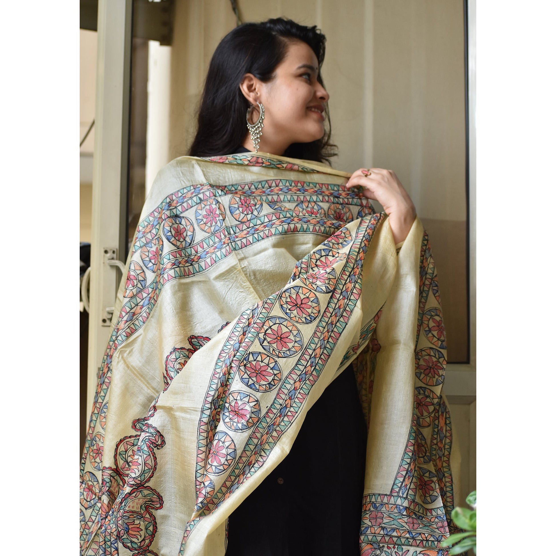 Beige - Madhubani Hand-Painted Silk Dupatta