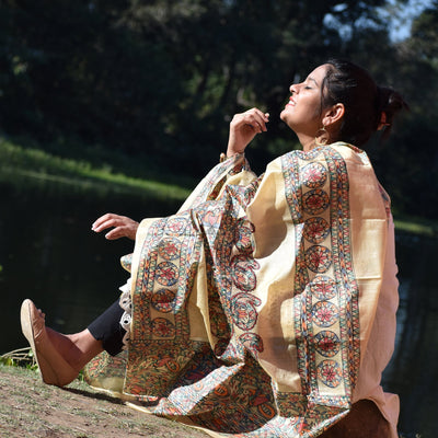Beige - Madhubani Hand-Painted Silk Dupatta