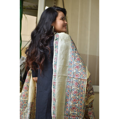 Beige - Madhubani Hand-Painted Silk Dupatta