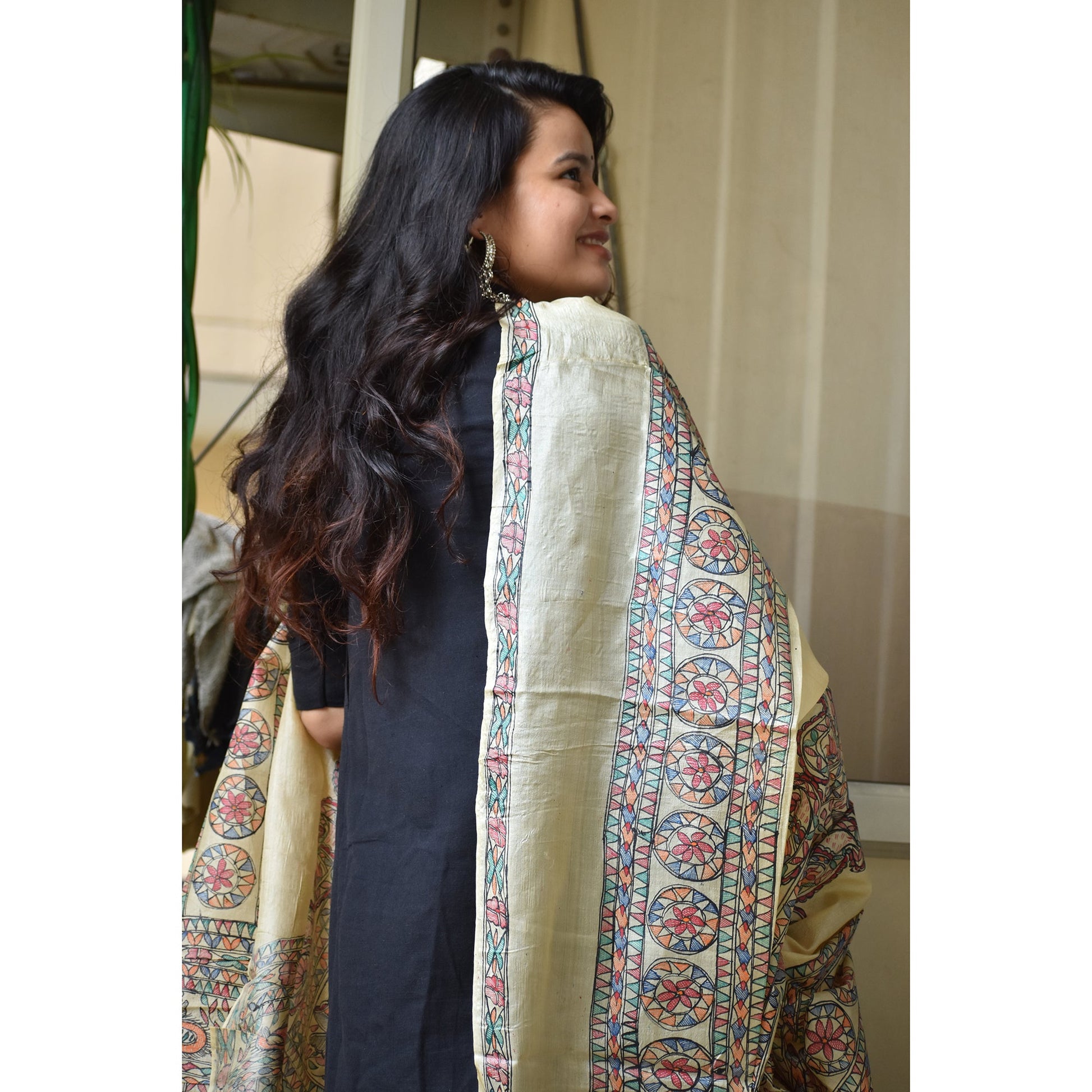 Beige - Madhubani Hand-Painted Silk Dupatta