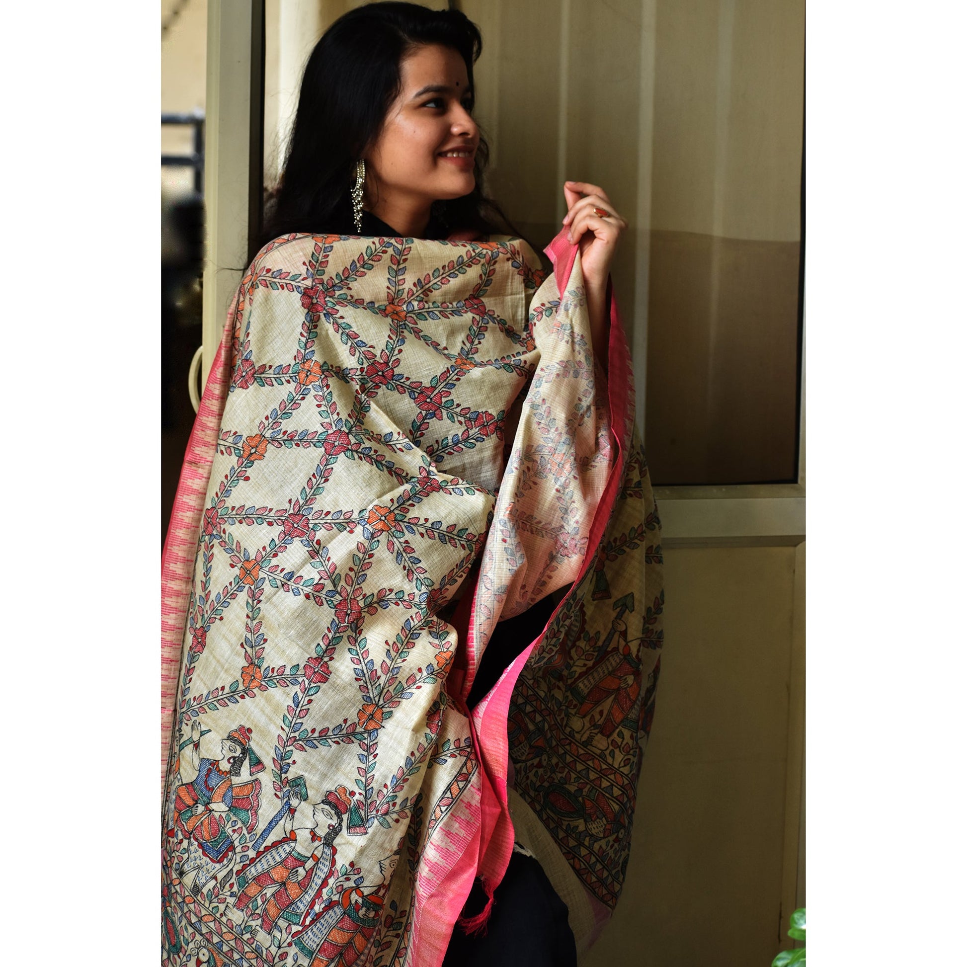 Beige - Madhubani Hand-Painted Cotton Dupatta