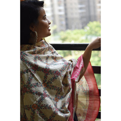 Beige - Madhubani Hand-Painted Cotton Dupatta
