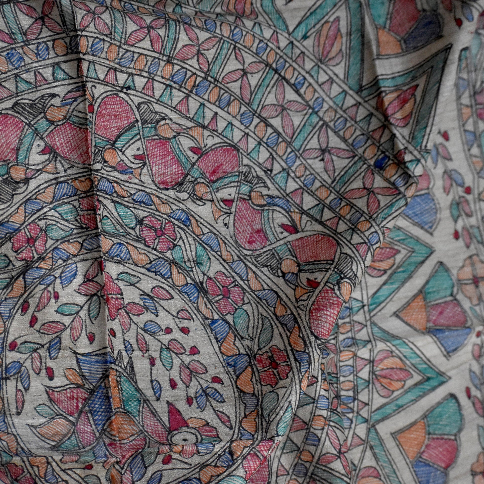 Brown - Madhubani Hand-Painted Natural Tussar Silk Dupatta