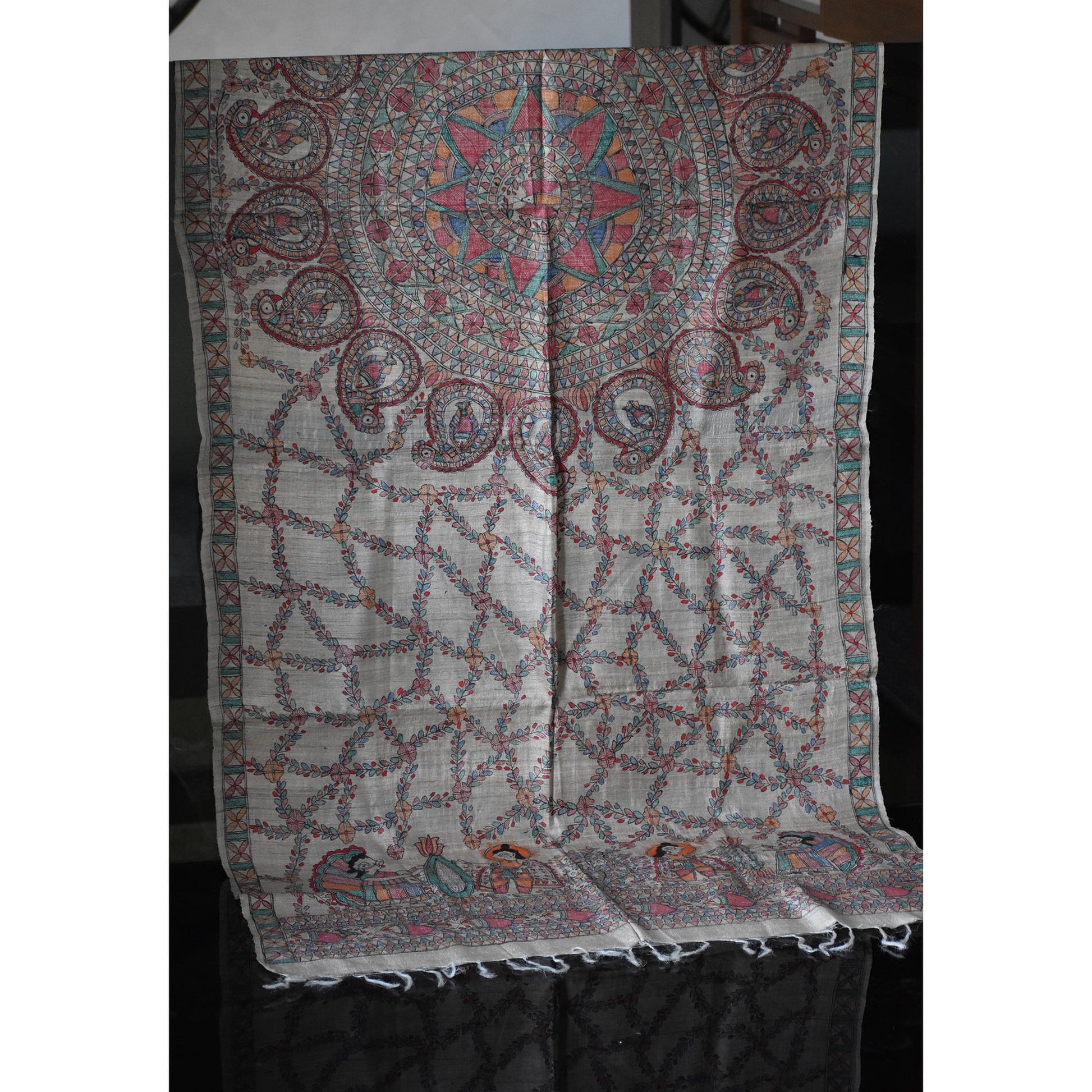 Brown - Madhubani Hand-Painted Natural Tussar Silk Dupatta