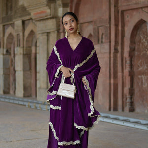 Wine Velvet Lace Kurta Pant Set | Relove