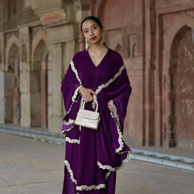Wine Velvet Lace Kurta Pant Set | Relove