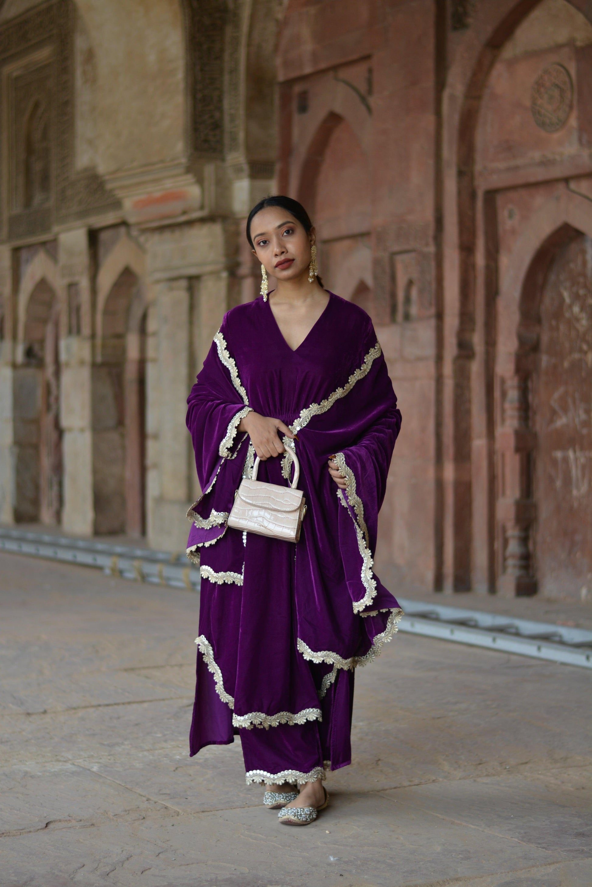 Wine Velvet Lace Kurta Pant Set | Relove