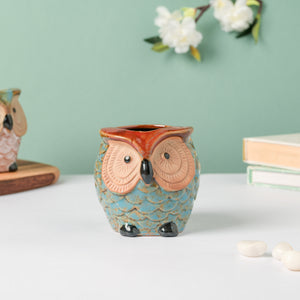 Seacrest Owl Blue Ceramic Planter With Wooden Coaster