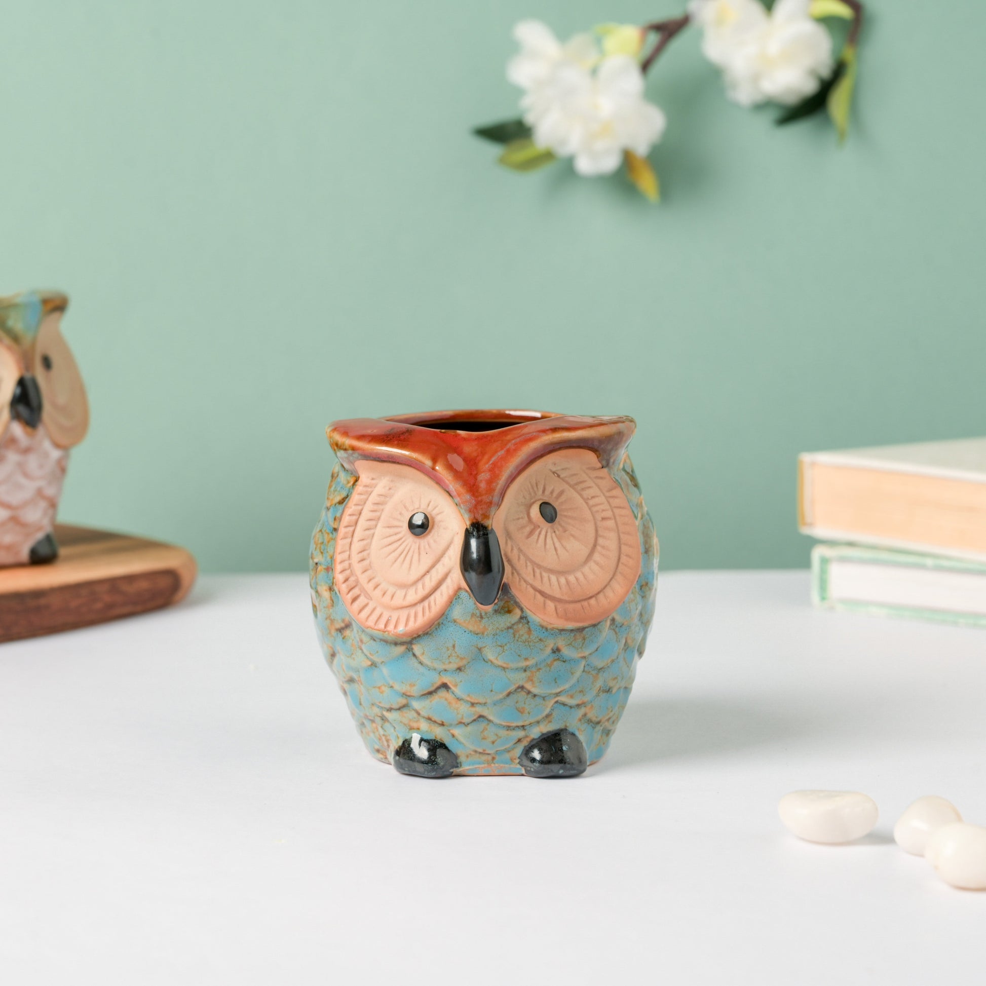 Seacrest Owl Blue Ceramic Planter With Wooden Coaster