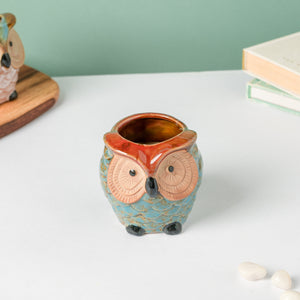 Seacrest Owl Blue Ceramic Planter With Wooden Coaster