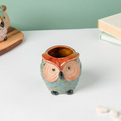 Seacrest Owl Blue Ceramic Planter With Wooden Coaster