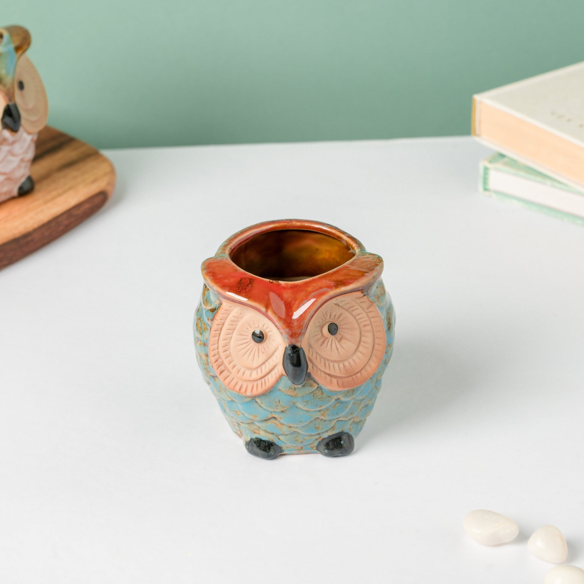 Seacrest Owl Blue Ceramic Planter With Wooden Coaster
