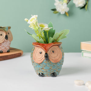 Seacrest Owl Blue Ceramic Planter With Wooden Coaster