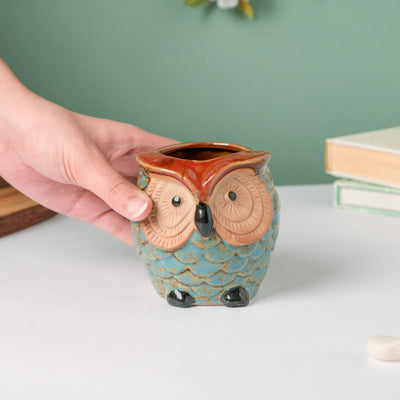 Seacrest Owl Blue Ceramic Planter With Wooden Coaster