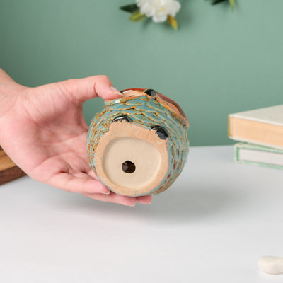 Seacrest Owl Blue Ceramic Planter With Wooden Coaster