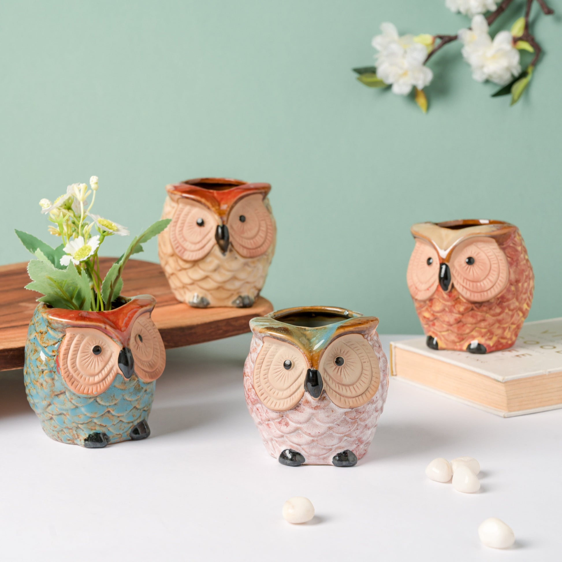 Seacrest Owl Blue Ceramic Planter With Wooden Coaster