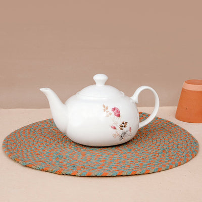 Clay Craft Ceramic Floral Printed 1100 ML Tea Pot Kettle | White | 1 Pc