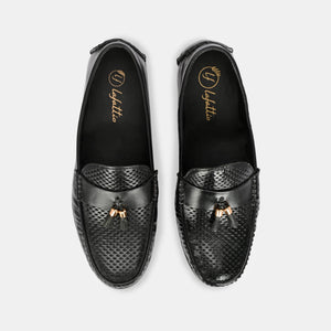 Black Perforated Tassel Loafers by Lafattio