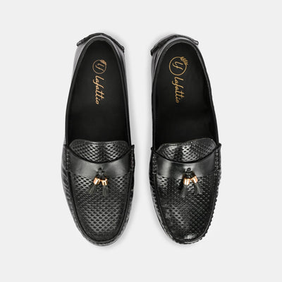 Black Perforated Tassel Loafers by Lafattio