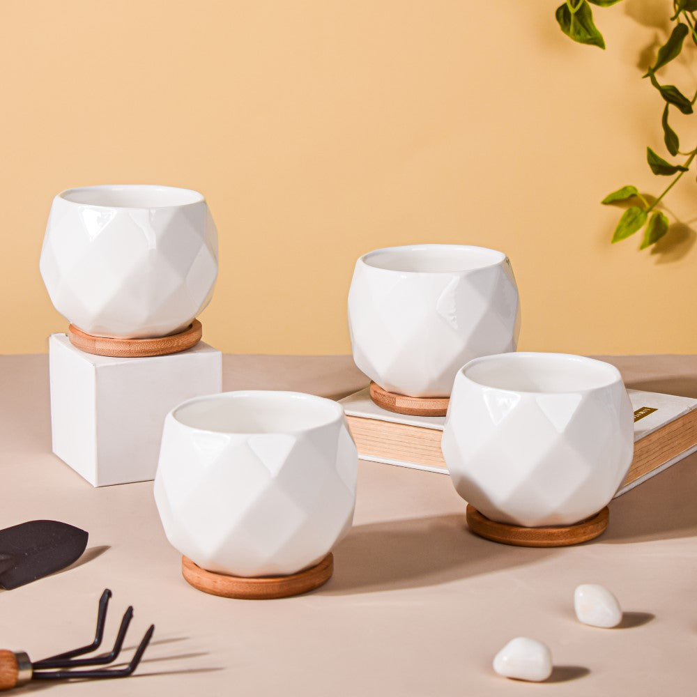 White Ceramic Planter Diamond Pattern Set Of 4