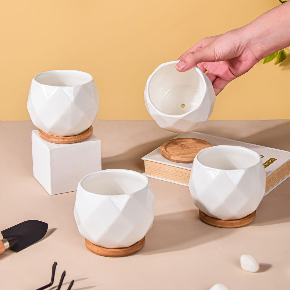 White Ceramic Planter Diamond Pattern Set Of 4