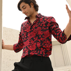 Rare Rabbit Men's Reet Red Cotton Modal Fabric Floral Print Full Sleeves Shirt