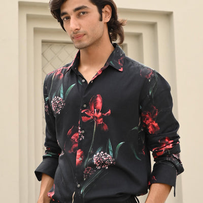 Rare Rabbit Men's Stock Black Viscose Fabric Floral Print Full Sleeves Shirt