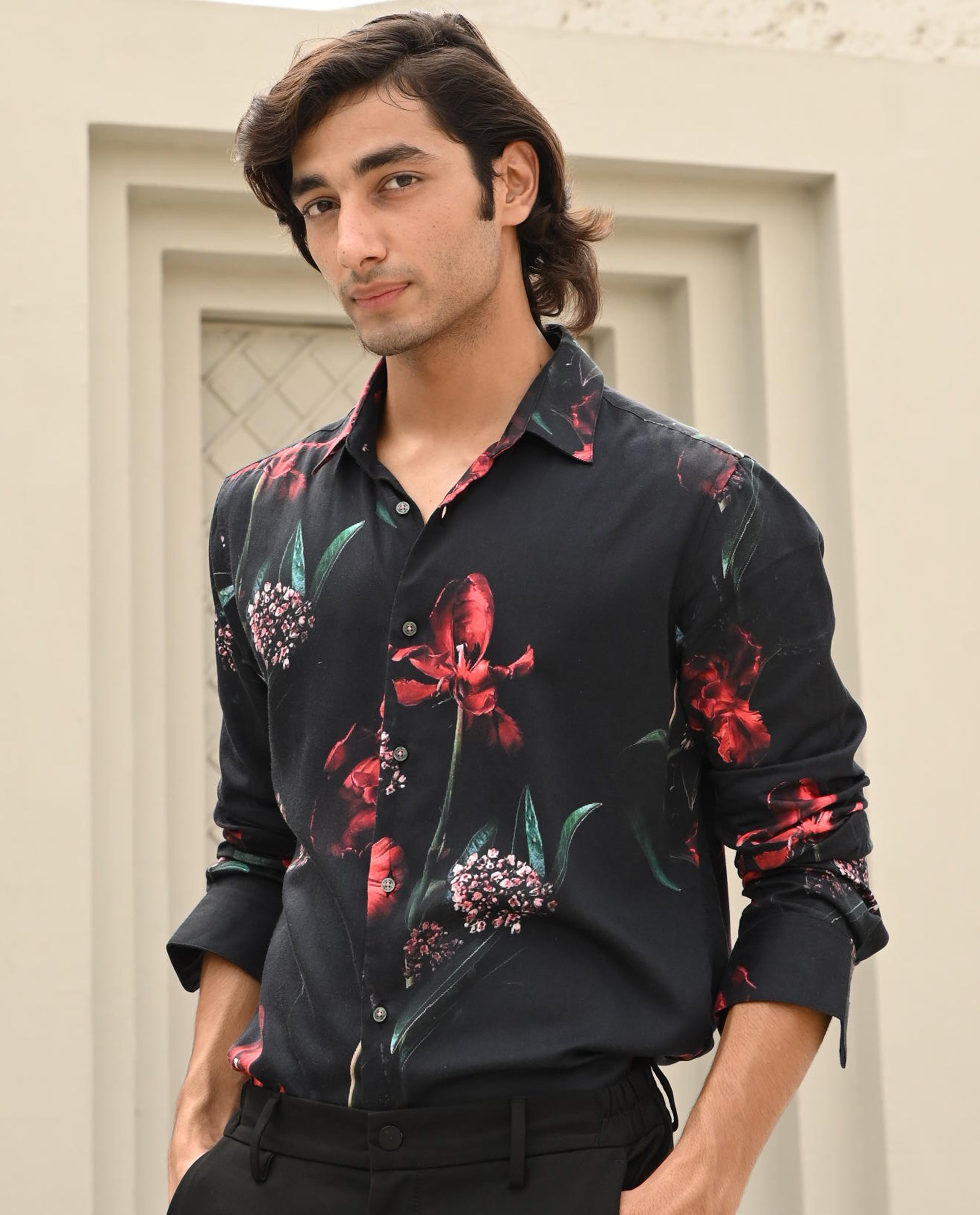 Rare Rabbit Men's Stock Black Viscose Fabric Floral Print Full Sleeves Shirt