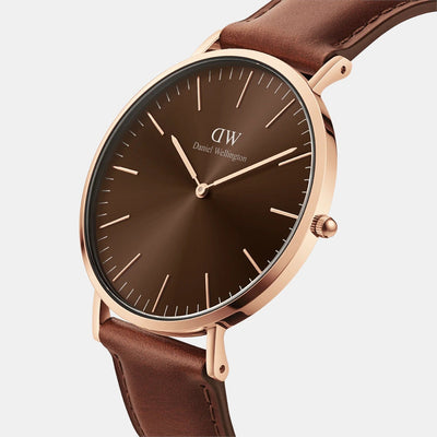 Classic Men Quartz Brown Dial Analog Leather Watch DW00100627K