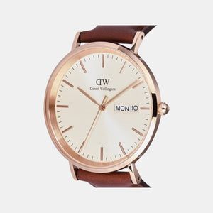 Classic Men Quartz Beige Dial Analog Leather Watch DW00100829K