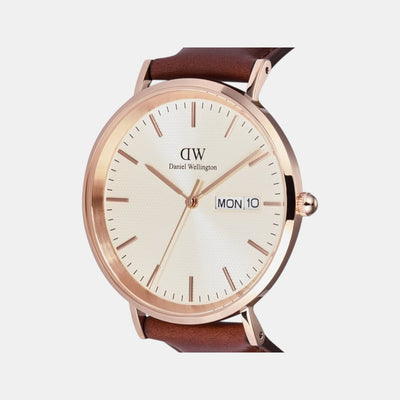 Classic Men Quartz Beige Dial Analog Leather Watch DW00100829K