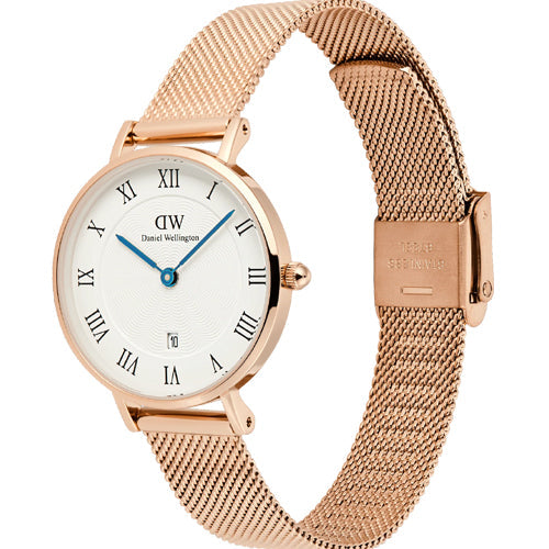 Daniel Wellington Petite Roman Numerals Date Rose Gold White Dial Women 28mm DW00100856