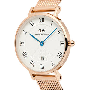 Daniel Wellington Petite Roman Numerals Date Rose Gold White Dial Women 28mm DW00100856