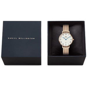 Daniel Wellington Petite Roman Numerals Date Rose Gold White Dial Women 28mm DW00100856