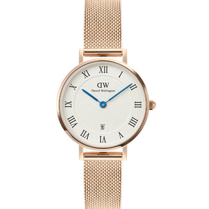 Daniel Wellington Petite Roman Numerals Date Rose Gold White Dial Women 28mm DW00100856